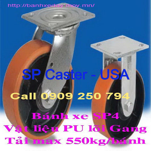 Bánh xe đẩy SP4 tải nặng vật liệu PU lõi Gang (PU/CI) chịu tải tối đa 550kg/bánh