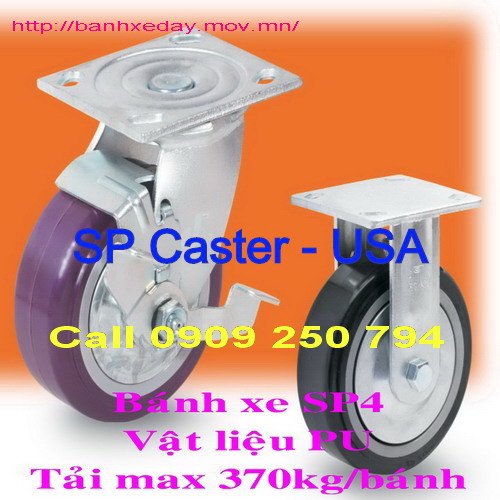Bánh xe đẩy SP4 tải nặng vật liệu PU lõi PP (PU/PP) chịu tải tối đa 370kg/bánh